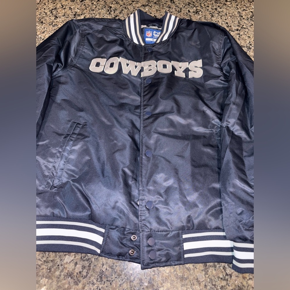 NFL Dallas Cowboys Blue Satin Snap Button Bomber Jacket Mens Large